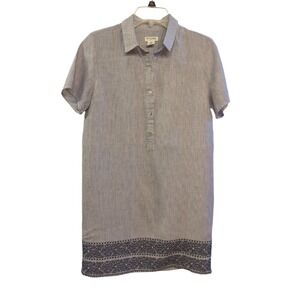 Womens Popover Linen Dress Blue Short Sleeve Button Up Striped Sz S Midi